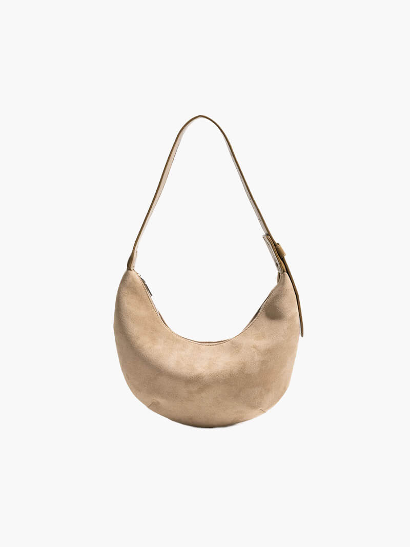 Bolso de Hombro en Forma de Media Luna con Acabado de Ante