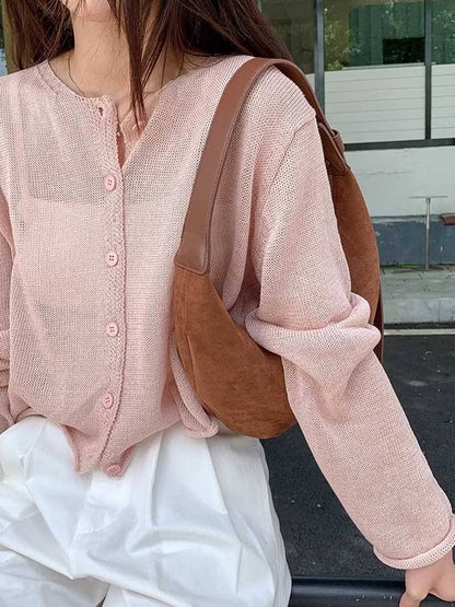 Bolso de Hombro en Forma de Media Luna con Acabado de Ante