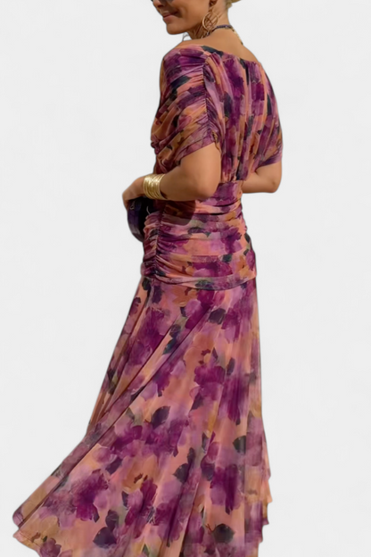 Iselina | Vestido largo fruncido para mujer con cuello en V elegante | Fluido