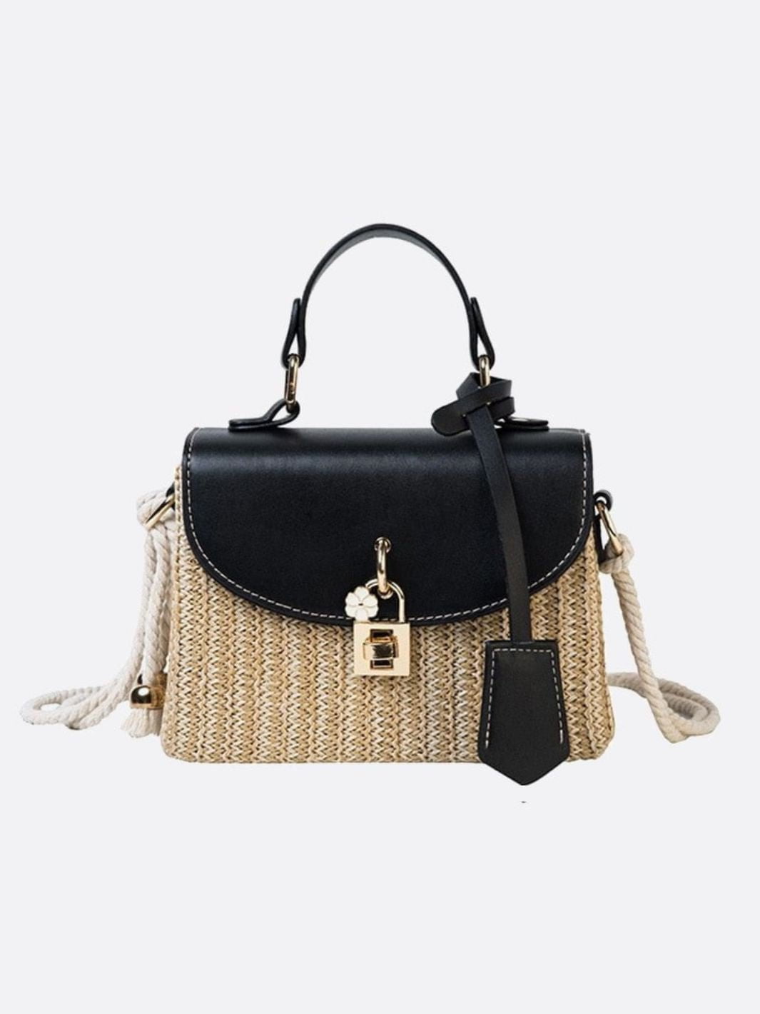 Bolso de Mano Estructurado de Paja con Solapa de Cuero Vegano y Correa de Cuerda