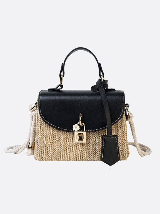 Bolso de Mano Estructurado de Paja con Solapa de Cuero Vegano y Correa de Cuerda
