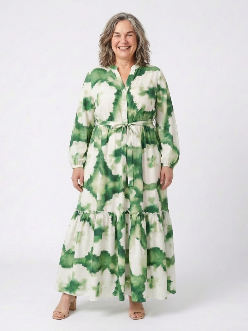 Sabina - Vestido largo de manga larga con lazo en la cintura y volantes