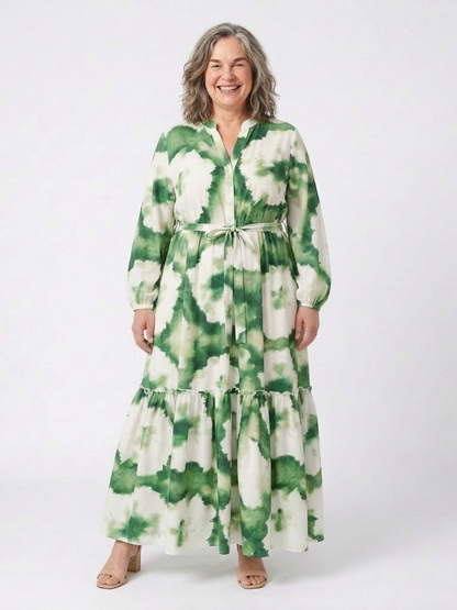 Sabina - Vestido largo de manga larga con lazo en la cintura y volantes