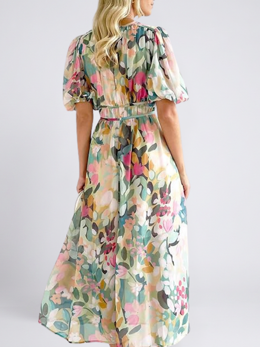 Eulalia - Vestido medio de manga corta con cuello en V y cintura fruncida