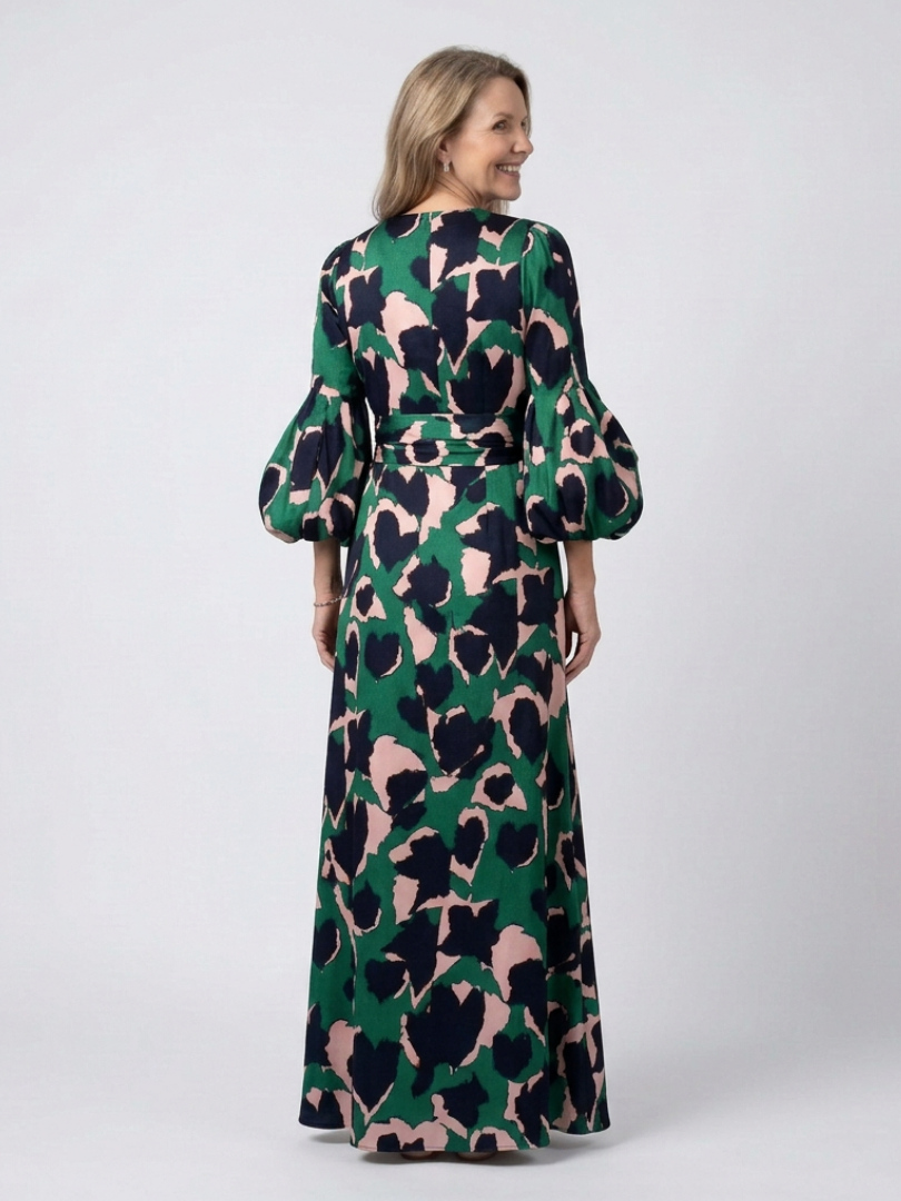 Sole | Vestido largo de manga larga con cuello en V y cinturon con lazo