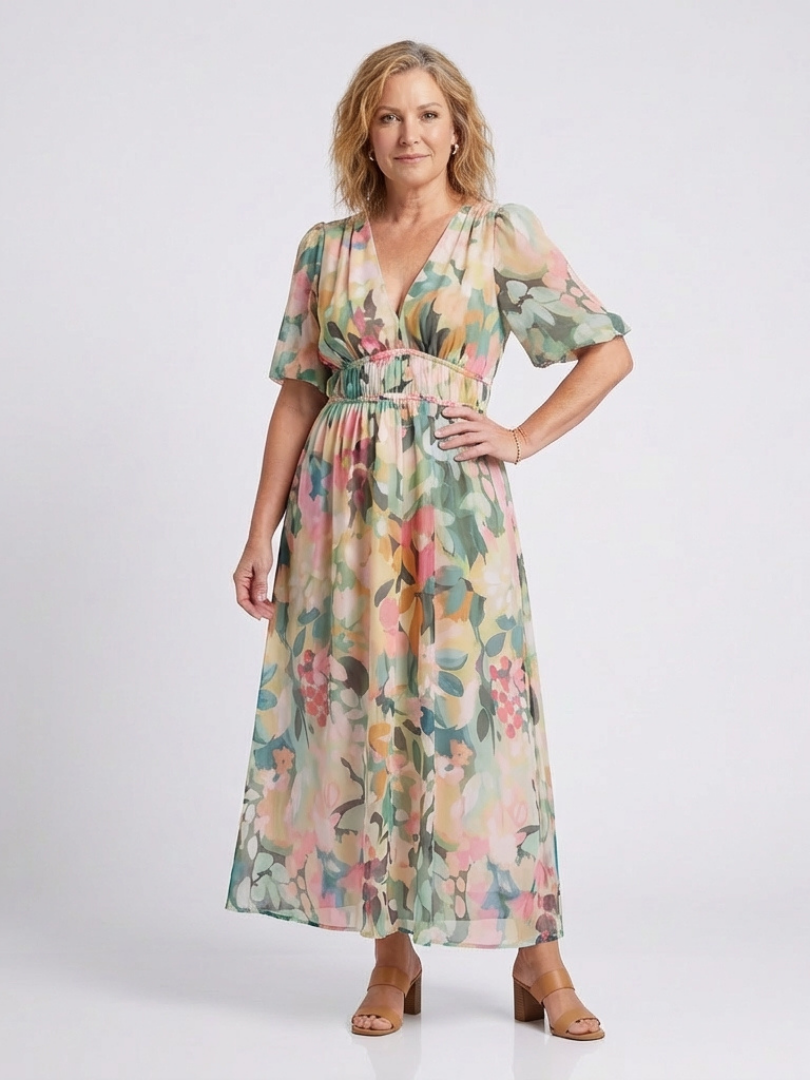 Eulalia - Vestido medio de manga corta con cuello en V y cintura fruncida