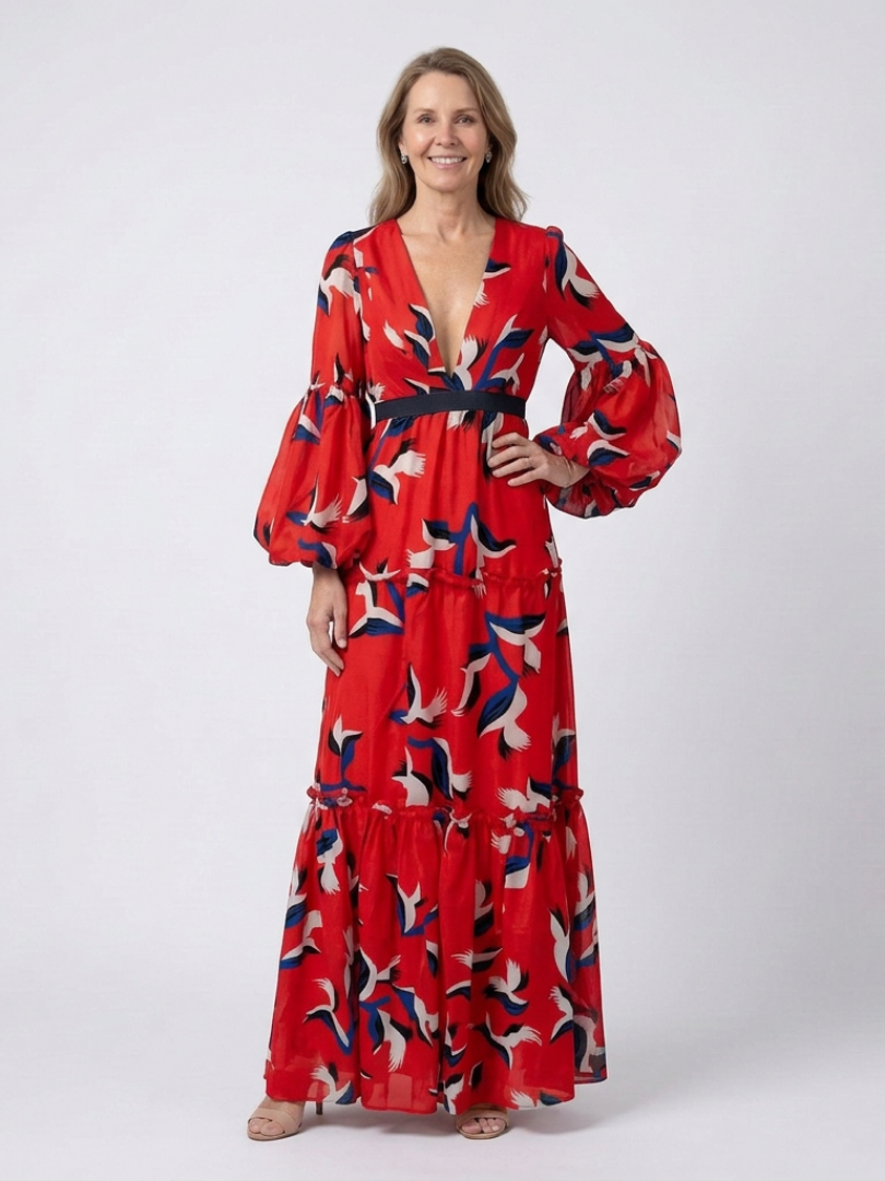 Sole | Vestido largo de manga larga con cuello en V y cinturon con lazo