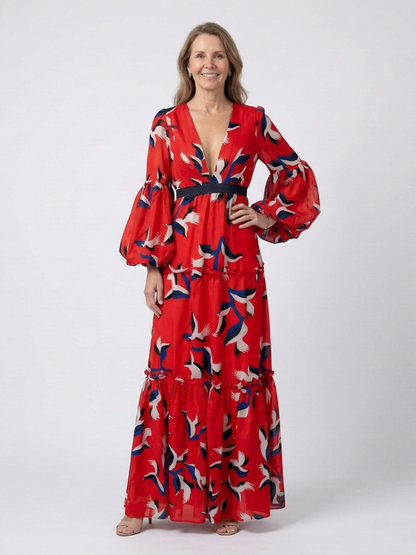Sole | Vestido largo de manga larga con cuello en V y cinturon con lazo