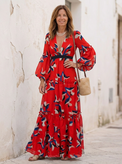 Sole | Vestido largo de manga larga con cuello en V y cinturon con lazo