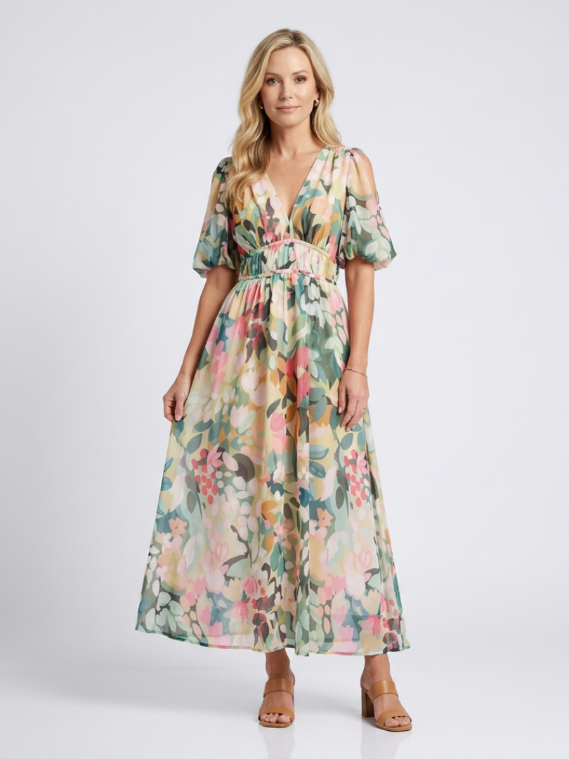 Eulalia - Vestido medio de manga corta con cuello en V y cintura fruncida