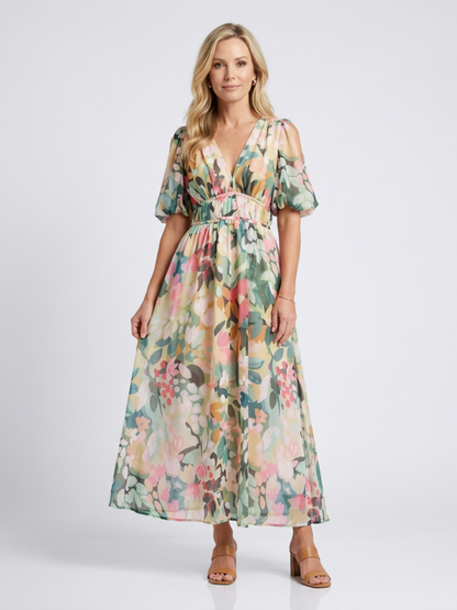 Eulalia - Vestido medio de manga corta con cuello en V y cintura fruncida