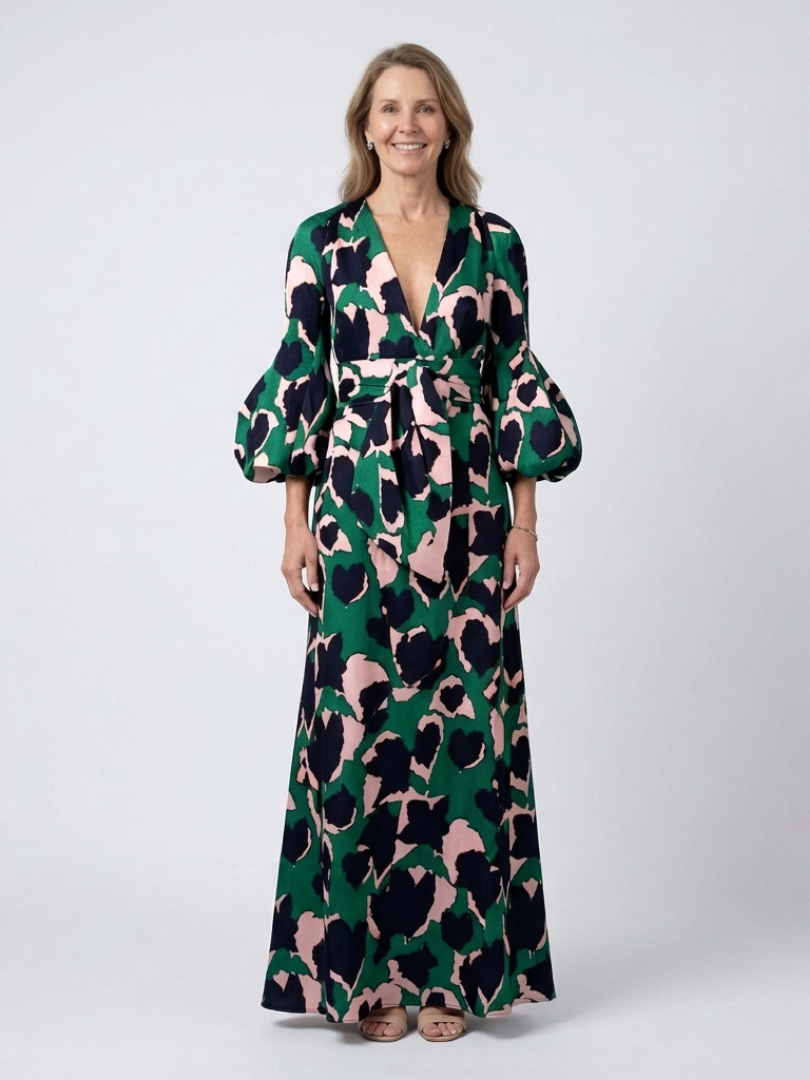Sole | Vestido largo de manga larga con cuello en V y cinturon con lazo