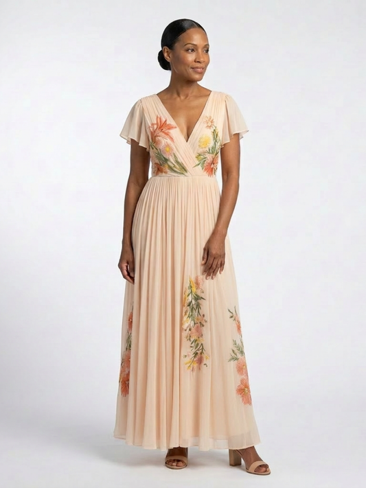 Vestido largo floral plisado de manga corta y cuello en V | Calista
