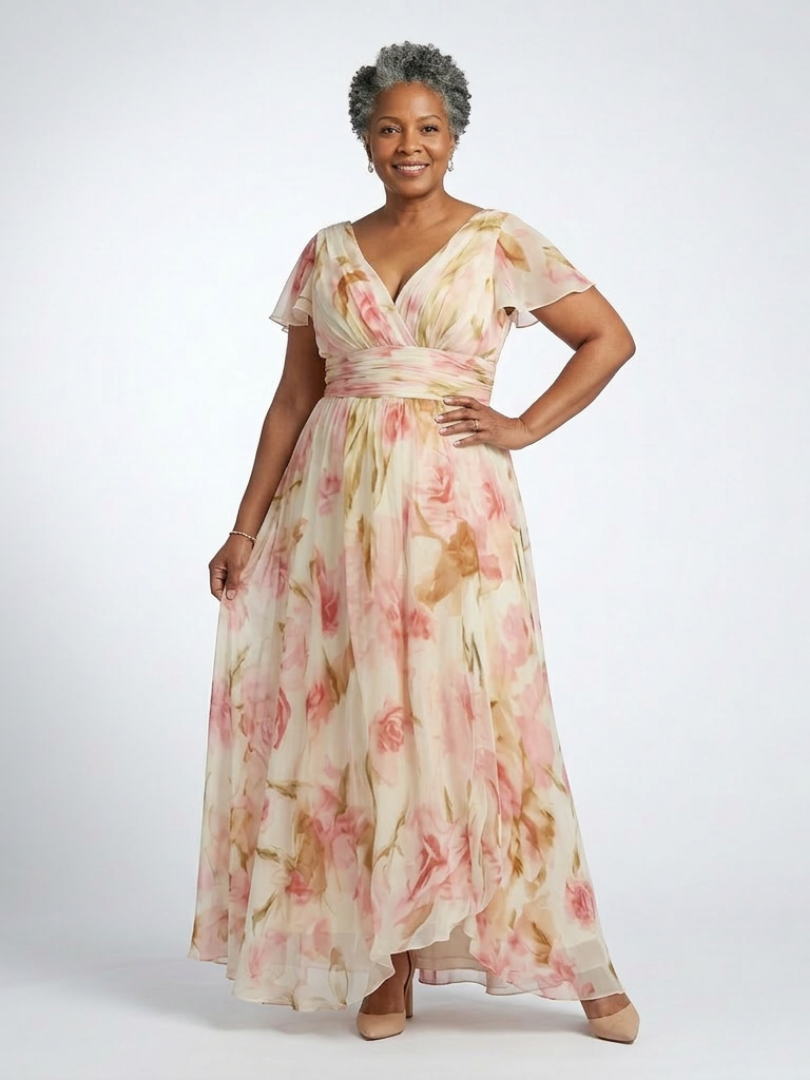 Elara | Vestido largo floral de manga corta