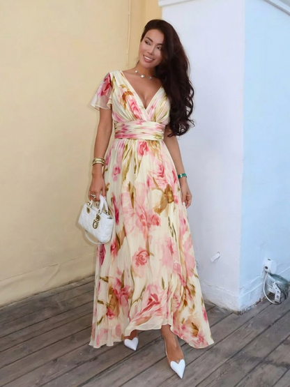 Elara | Vestido largo floral de manga corta