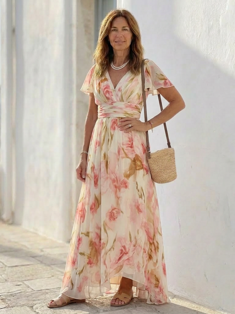 Elara | Vestido largo floral de manga corta