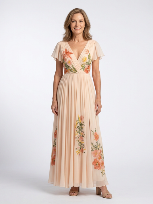 Vestido largo floral plisado de manga corta y cuello en V | Calista