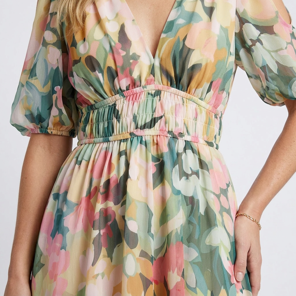 Eulalia - Vestido medio de manga corta con cuello en V y cintura fruncida