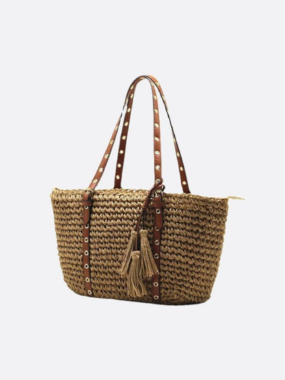 Bolso Cesta de Paja con Asas de Piel Sintética y Borlas