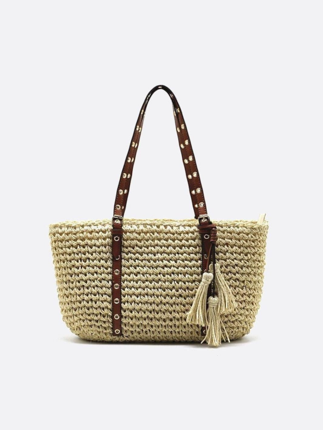Bolso Cesta de Paja con Asas de Piel Sintética y Borlas