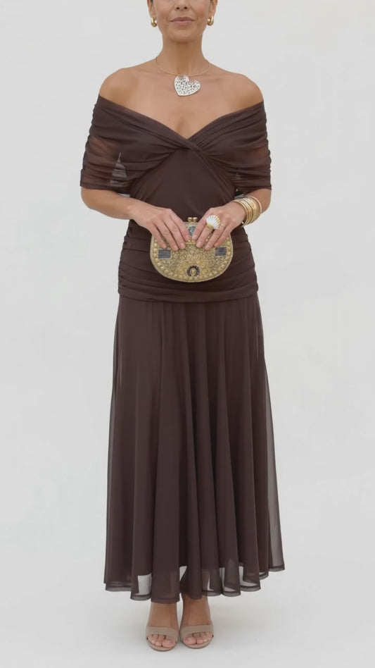 Iselina | Vestido largo fruncido para mujer con cuello en V elegante | Fluido