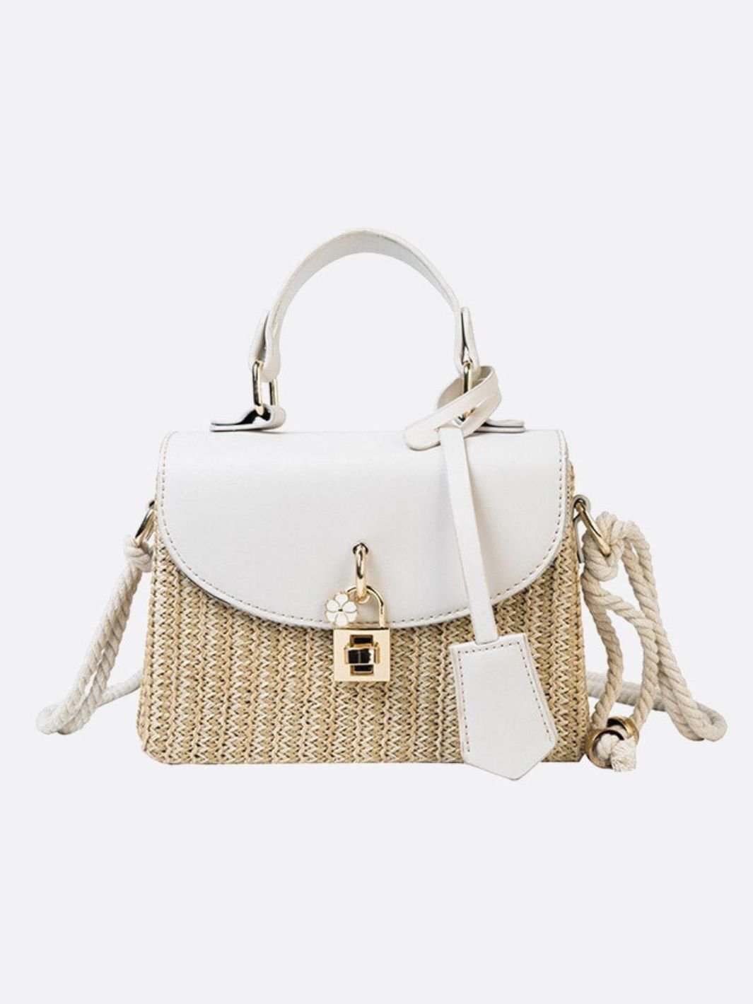Bolso de Mano Estructurado de Paja con Solapa de Cuero Vegano y Correa de Cuerda