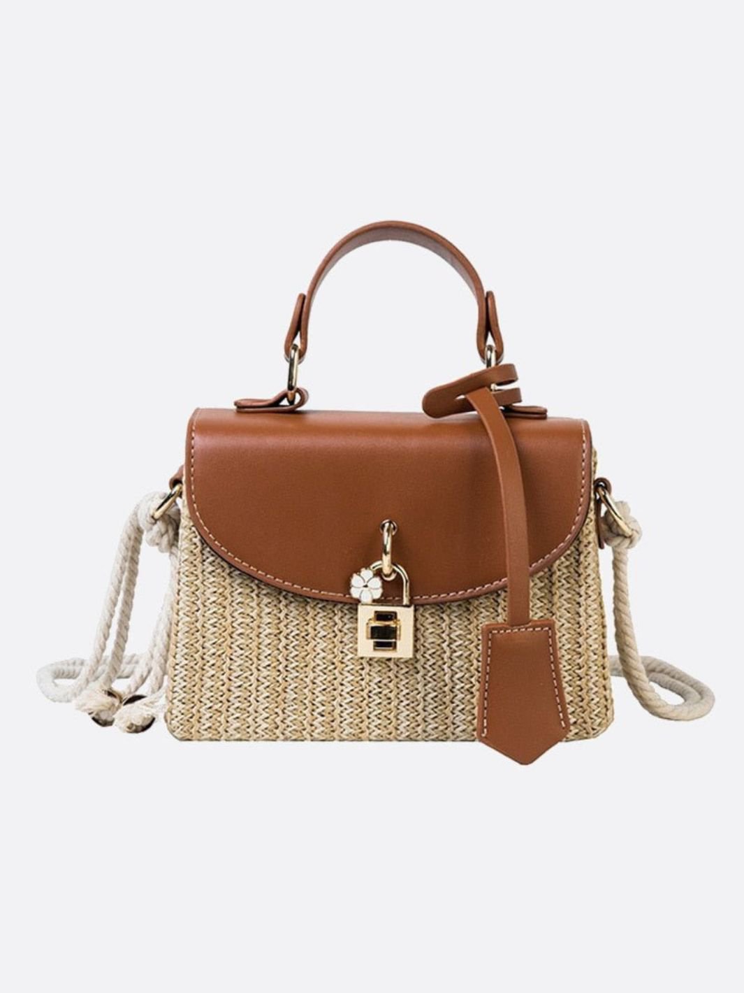 Bolso de Mano Estructurado de Paja con Solapa de Cuero Vegano y Correa de Cuerda
