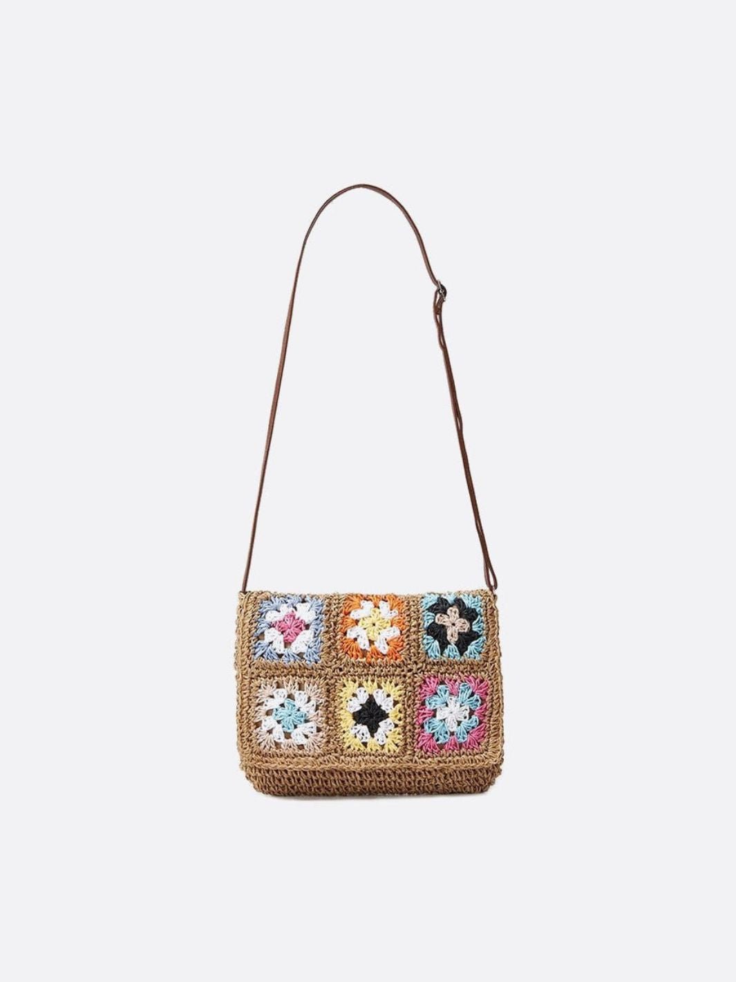 Bolso Bandolera de Paja y Crochet con Cuadros de Colores
