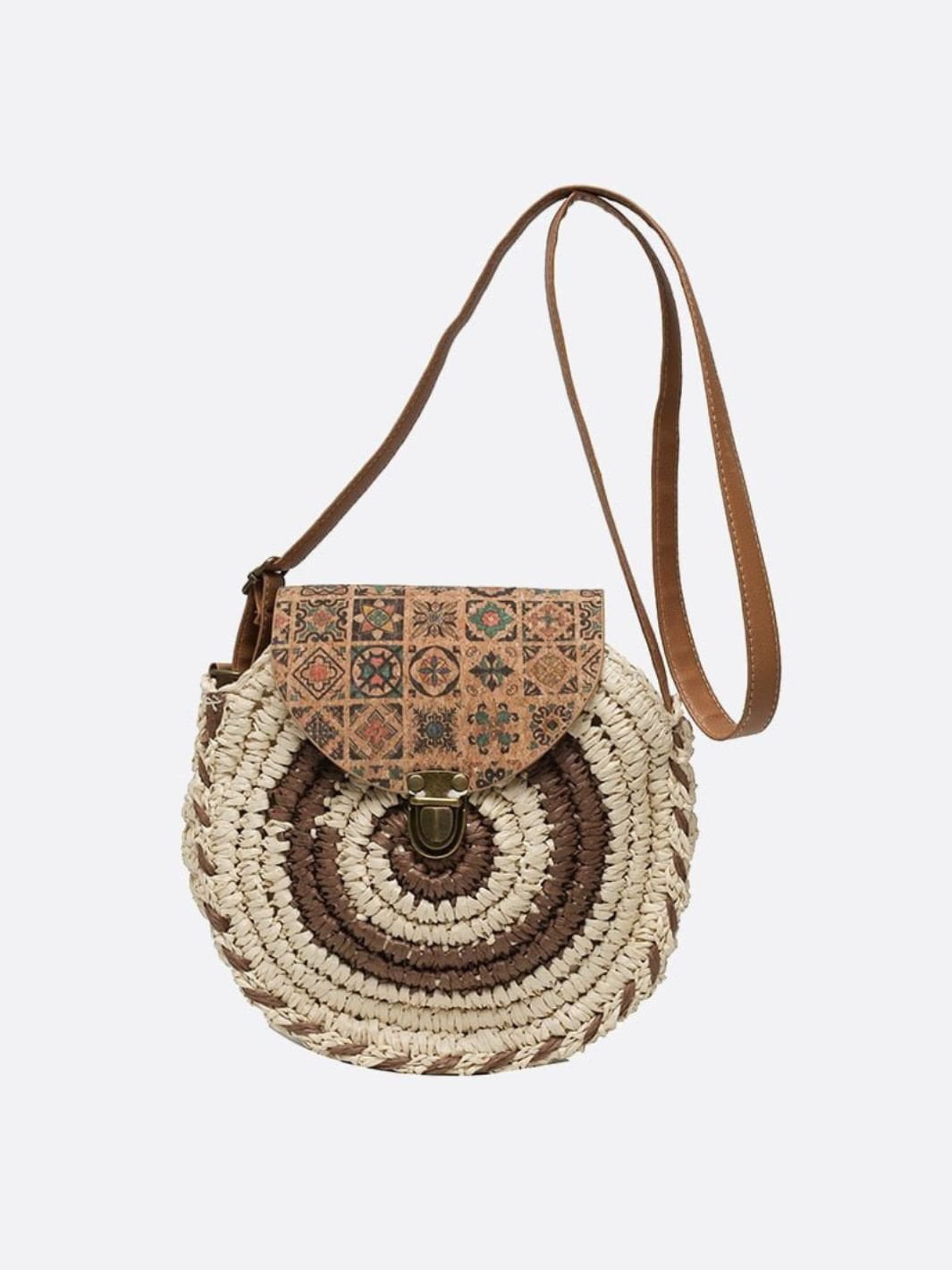 Bolso Redondo de Paja con Solapa Étnica