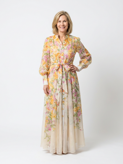 Cressida - Vestido largo de manga larga con estampado floral transparente