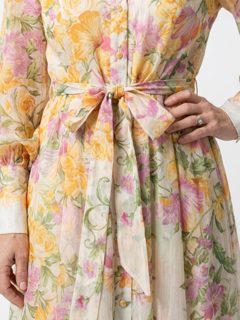 Cressida - Vestido largo de manga larga con estampado floral transparente