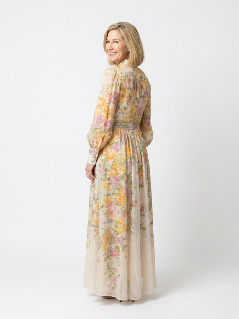 Cressida - Vestido largo de manga larga con estampado floral transparente