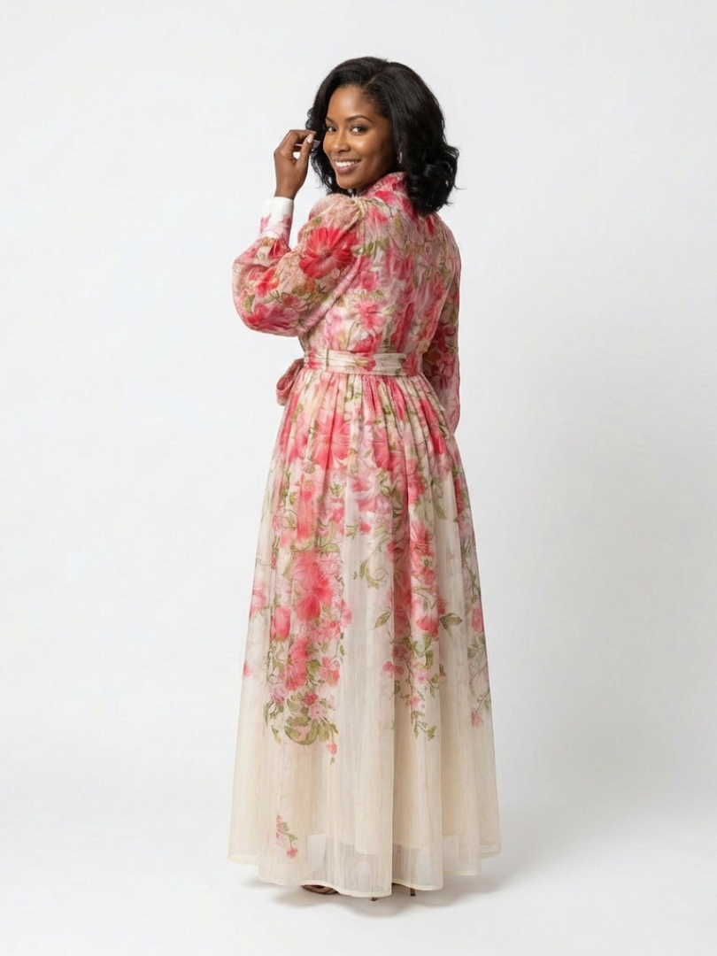 Cressida - Vestido largo de manga larga con estampado floral transparente