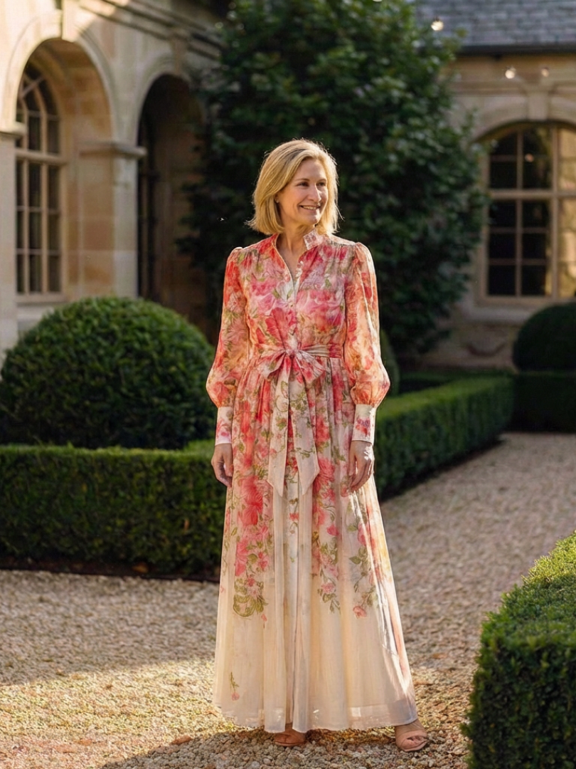 Cressida - Vestido largo de manga larga con estampado floral transparente