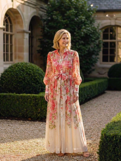 Cressida - Vestido largo de manga larga con estampado floral transparente